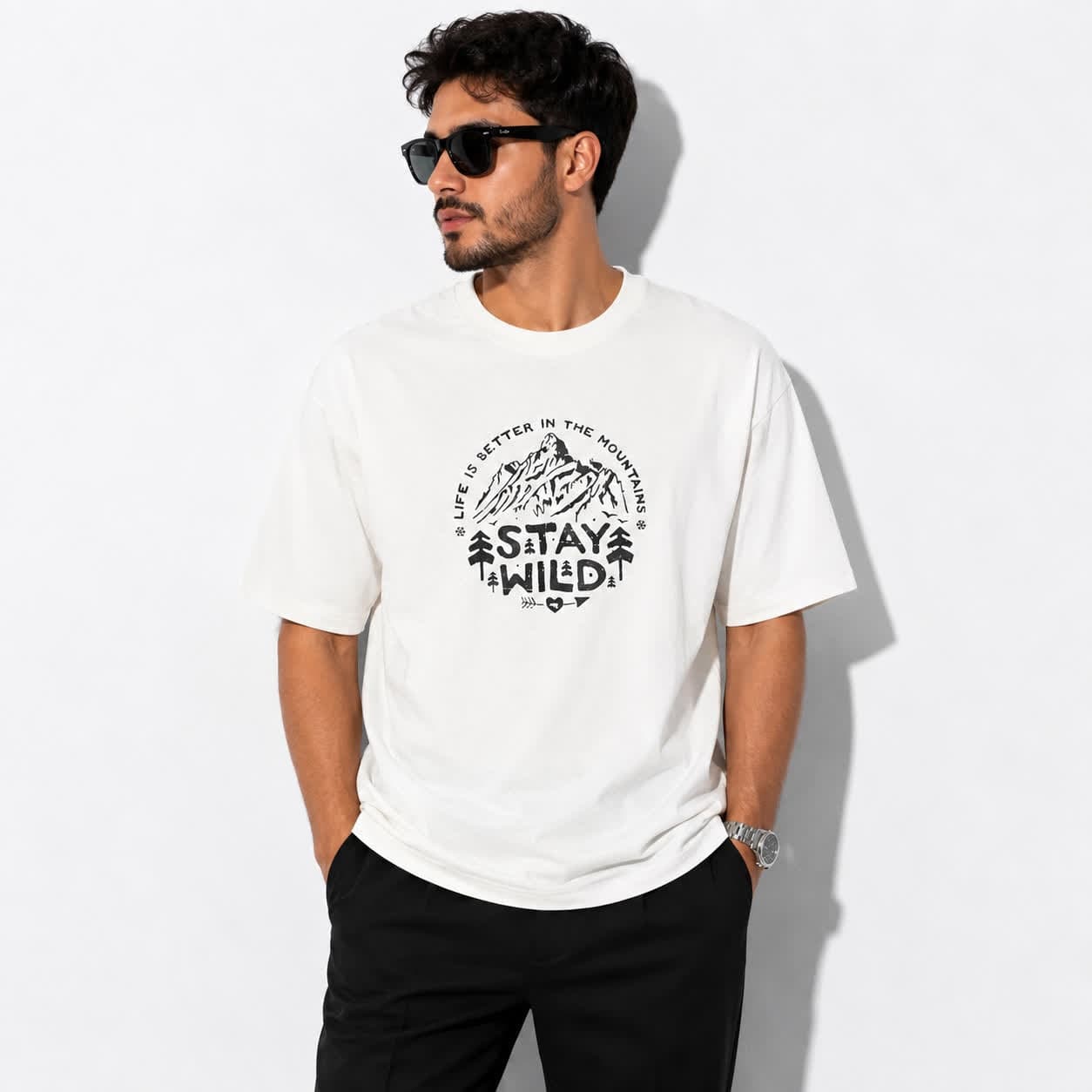 تیشرت مردانه سفید STAY WILD کد 004